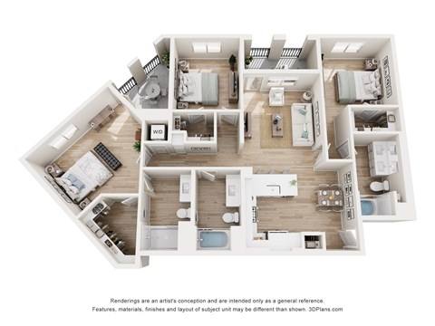 A 3D floor plan of a house with multiple rooms and furniture.